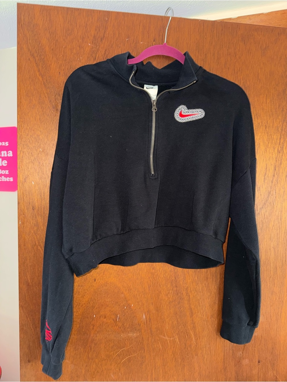 Nike Black Cropped Half-Zip Pullover with Red Swoosh Patch